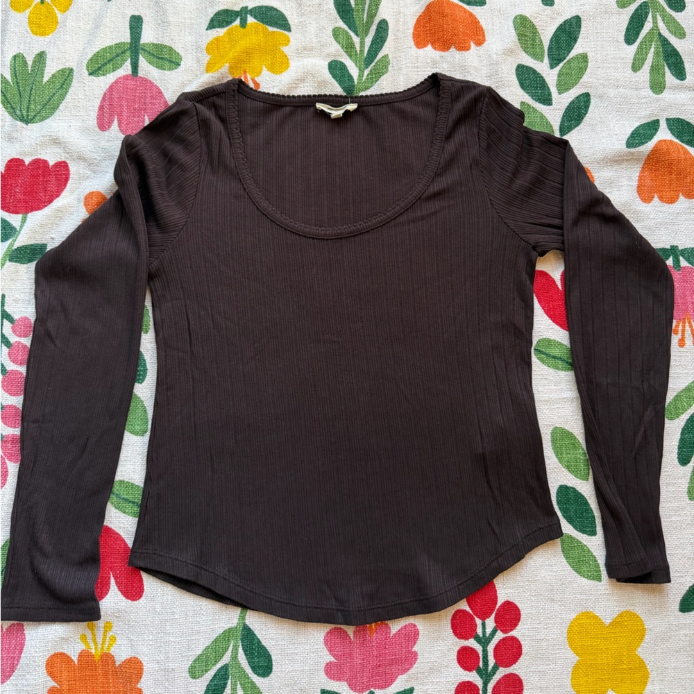 Madewell Chocolate Brown Ribbed Long Sleeve Scoop Neck Top